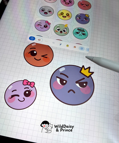 Cute Kawaii Emoji Stickers – 12 Flat Round Emotion Faces | Pre-Cropped PNG + PDF for GoodNotes & iPad