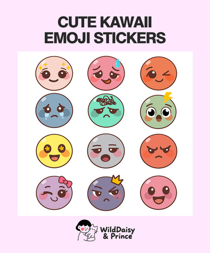 Cute Kawaii Emoji Stickers – 12 Flat Round Emotion Faces | Pre-Cropped PNG + PDF for GoodNotes & iPad