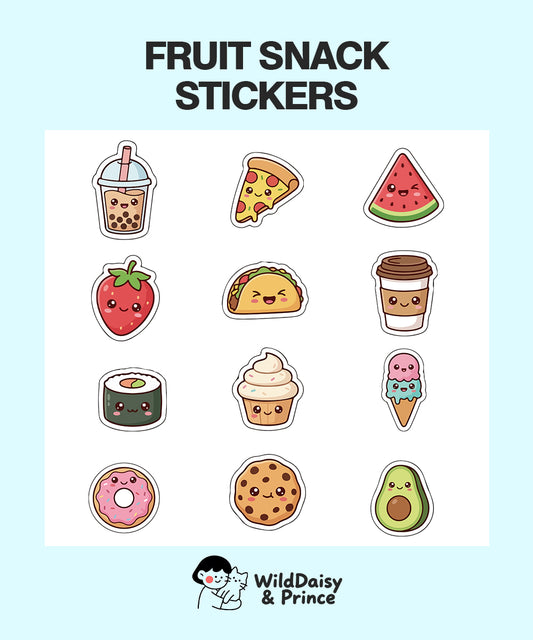 Fruit Snack Stickers – 12 Adorable Character Snacks | Pre-Cropped PNG + Vector PDF for GoodNotes & iPad